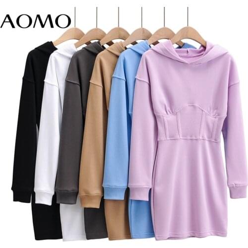 AOMO Female Dress Solid Sweatshirt Dress Hood Long Sleeve Females Tunic Mini Dresses Vestidos 4P24A