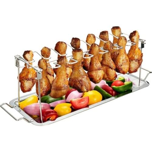 Chicken Leg Wing Rack 14 Slots Stainless Steel Metal Roaster Stand with Drip Tray for Smoker Grill or Oven, Dishwasher Safe