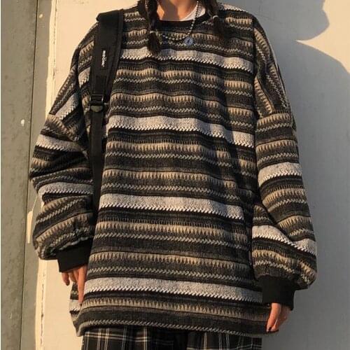 Pullovers Women Oversize Ulzzang BF Unisex Couples Japanese Striped Knit Sweater Hip Hop Female New Winter Fashion Retro Daily