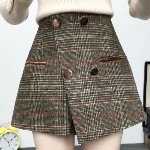 Plus size 4XL!High Waist woolen Button Mini Skirts Autumn Winter Ladies wide leg Womens Wool Plaid Shorts Skirts