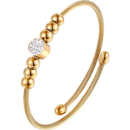 Adjustable Size Cable Twist Wire Stripe Beads and Zircon Bangle for Womens Wedding Gift Stainless Steel Bracelet Wholesale