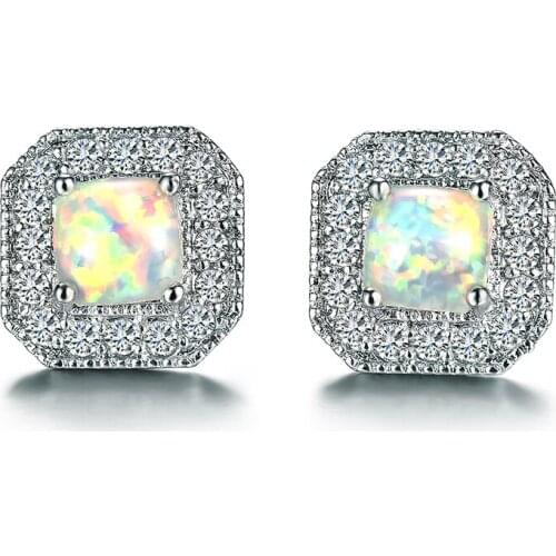 Luxury Female White Blue Opal Stone Earrings Small Silver Color Stud Earrings Vintage Crystal Square Wedding Earrings For Women