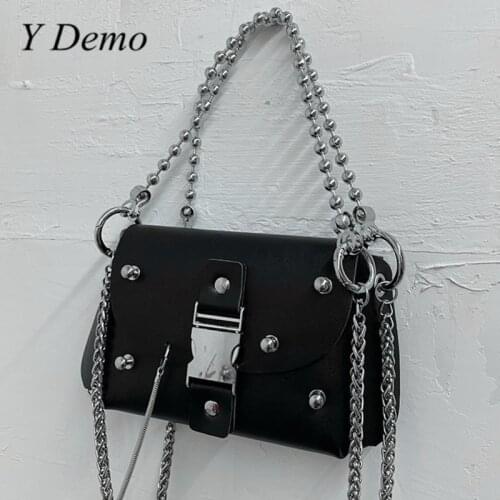 Y Demo Harajuku Rock Buckles Chains One Shoulder Bag Punk Y2k Women Rivets Streetwear Black Bag