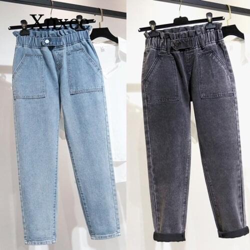 Loose long Jeans woman high waist plus size Elastic Loose Softener Mom Ankle-length denim Harem Pants harem pocket