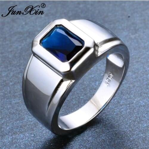 Vintage Mens Royal Blue Stone Ring Silver Color Square Zircon Crystal Wedding Rings For Men Women Couple Engagement Ring CZ