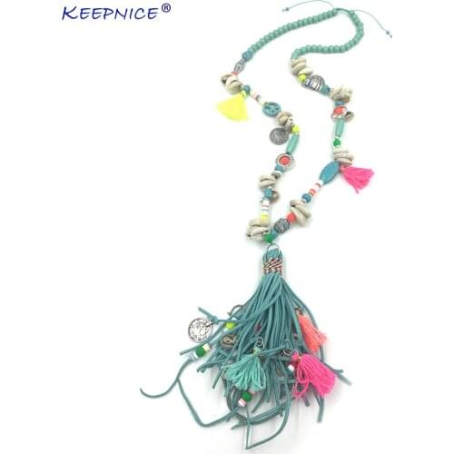 New handmade jewelry supplier beaded chain leather tassel pendents unique boho chic Bohemia long fringe pendant Necklaces