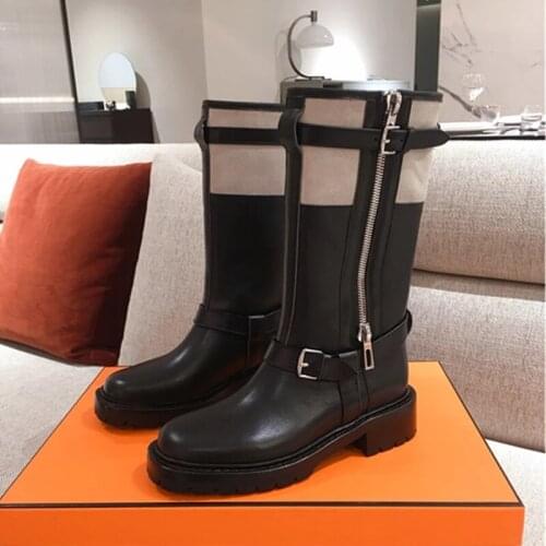 Mixed Color Patchwork Women Knee High Boots Round Toe Low Heels Women Long Boots Luxury Brand H Women Motorcycle Boots Autumn