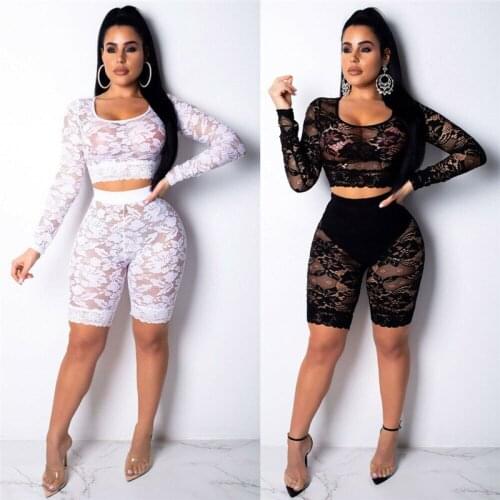 Bikini 2019 Womens 2Pcs Crop Top Shorts Lace Jumpsuits Ladies Co ords set Bodysuit Playsuit Swimwear Women 2019 Long Sleeve