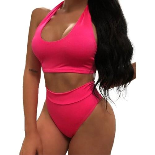 Women Soild Swimwear Two-Piece Swimsuits Halter Push-up Padded Bra High Waist Bikini Set Swimwear Female Bathing Suit