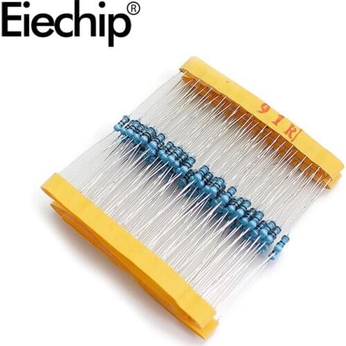 100pcs/lot 1/4W 1% Metal film resistor 91R 0.25W resistance 91 ohm Throught Hole