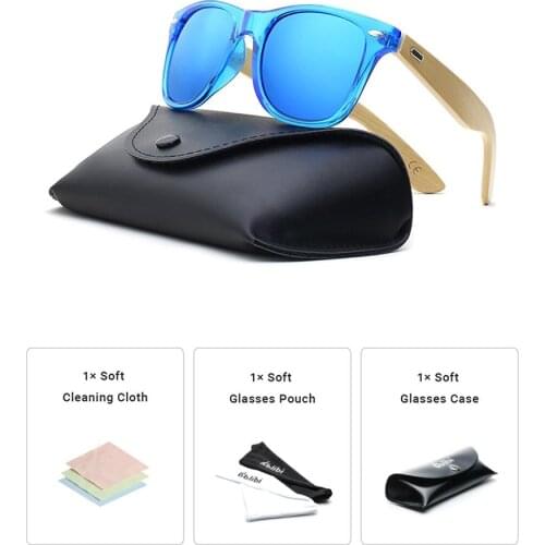 Ablibi Womens Mens Clear Blue Bamboo Wood Sunglasses Non-polarized Cheap Glasses Eyewear in Leather Case