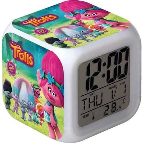 7 colors change Digital LED Alarm Clock Movie Trolls PVC Action Figures Toys Square Wake up Watch Kids Birthday Xmas Gift Toys