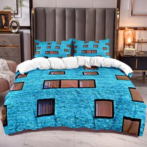 Blue Wall with Windows Print Duvet Covers with White Reverse Microfiber Soft Comforter Cover Sets