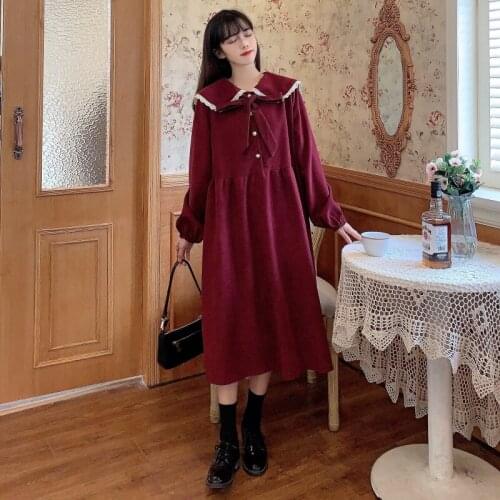 JuneLove Japanese Doll Collar Loose Lolita Thin Retro Niche French Corduroy Long Sleeve Dress Female Autumn And Winter New Style