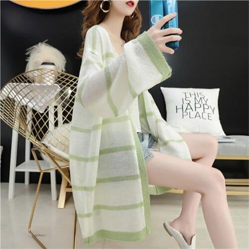 Stripe Women Cardigans Long Sleeve Loose Mid Length Knittwear Casual Sweater Cardigan Female Thin Knitted Coat Cardigan Women
