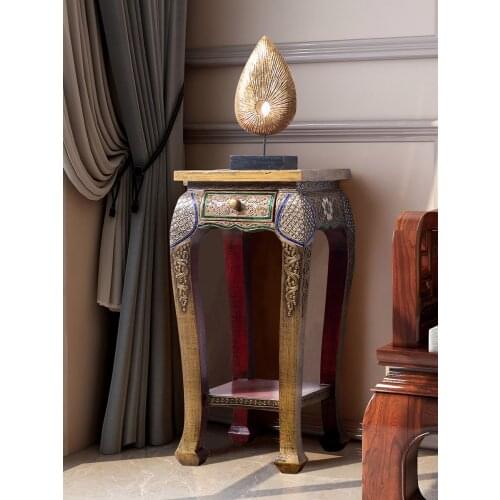 Southeast Asian Style Square Side Table Corner Table Thai Style Vintage Solid Wood Painted Square Table with Drawer Flower Stand