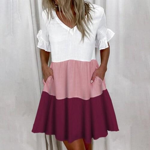 Patchowork Woman Dress Summer V-neck Short Sleeve Pleated Ruffles Beach Pocket Dress Fashion Dresses For Women