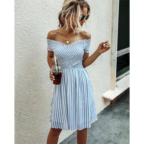 Fashion One-Shoulder Short-Sleeved Dress Sexy Striped Sweet Style A-Line Short Skirt Women