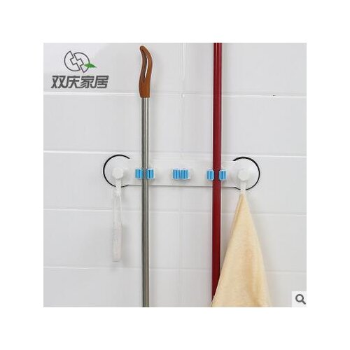 Powerful Vacuum Sucker Mop Shelf Kitchen Organizer Plastic Broom Storage Rack With 2 Hooks