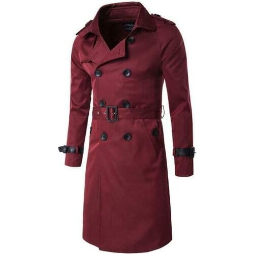 Mens Lapel Collar Double Breasted Belt Slim Fit Long Solid Parka Trench Coat
