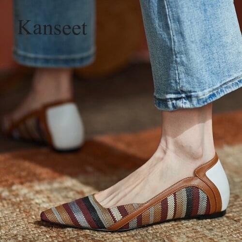 Kanseet Flat 2021 New Womens Pumps Spring Autumn Leisure Handmade Pointed Toe Fashion Design Mixed Colors Hot Sale Female Shoes