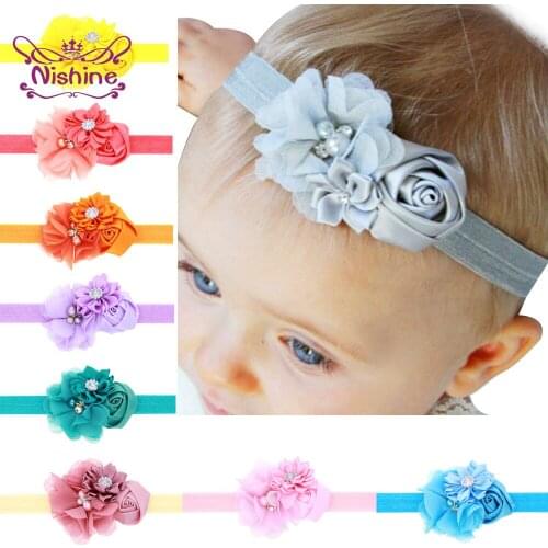 Nishine Infant Lovely Polygonal Flowers Elastic Hairband Shining Rhinestone Beads Floral Headband Baby Headwear Birthday Gifts