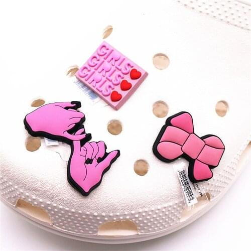 Drop Shipping Heart Girls Shoe Charms Accessories Pink Bow Pull Hook PVC Shoe Buckle Decoration Fit Croc Jibz Party Kids Gifts