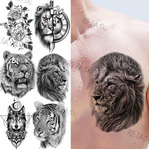 Realistic Lion Waterproof Temporary Tattoos For Men Adults Dagger Compass Wolf Tiger Fake Tattoo Sticker Mandala Chest Tatoos