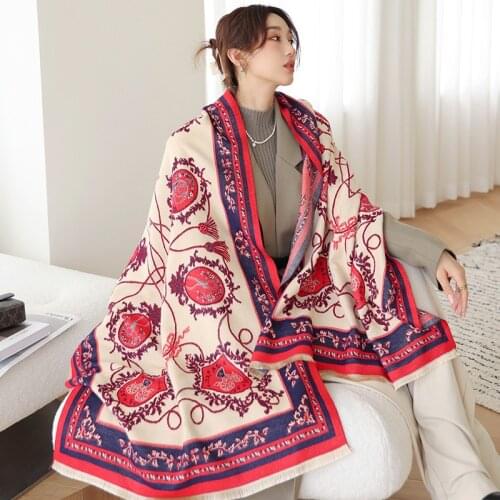 Luxury Brand Flower Print Winter Scarf Women Cashmere Warm Pashmina Foulard Female Scarves Long Blanket Thick Soft Shawls Wraps