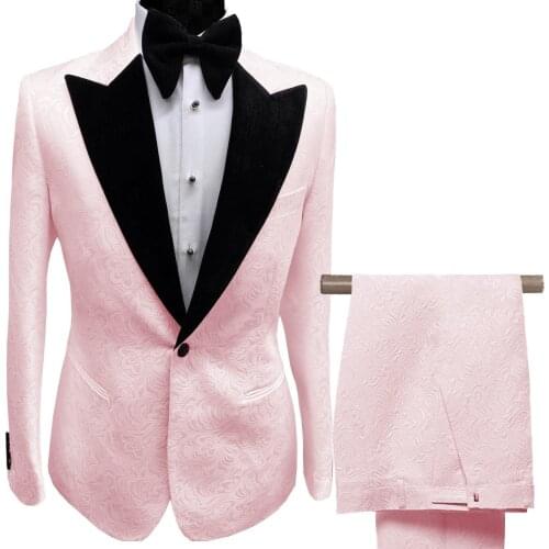 2020 Pink Mens Suits Peak Lable Formal Groom Prom Party 2 Piece Costume Marriage Patterned Tuxedo (Blazer+Pants)