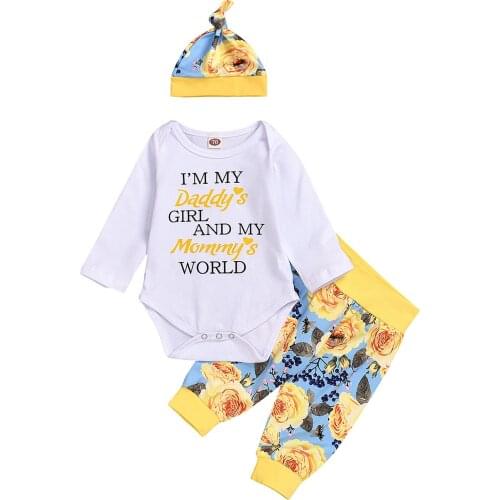 Telotuny Newborn Baby Clothes Infant Baby Girls Letter Floral Print Clothes Romper Pants Hat Outfits Baby Clothes Set 0-24m