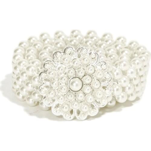 Europe And The United States Pearl Belt Girl Pearl Flower Rhinestone Adornment Elastic Waist Chain With White Dress