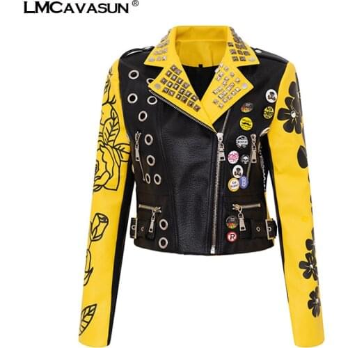 LMCAVASUN Faux Leather Women Leather Jackets Yellow splice Letter printing Ladies Leather Jacket Spring 2020 short jacket