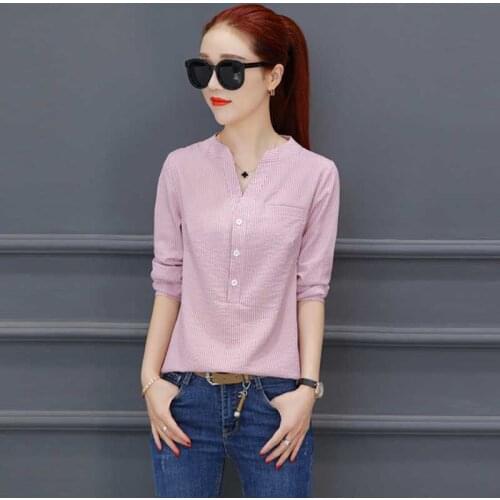Womens Spring Autumn Style Blouses Shirts Womens Striped V-neck Button Half Sleeve Elegant Tops SP737