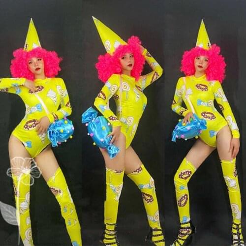Female Gogo Dancer Stage Costumes Yellow Jumpsuit Ice Cream Candy Suit For ChildrenS Day Cheerleader Performance Suit DWY5836
