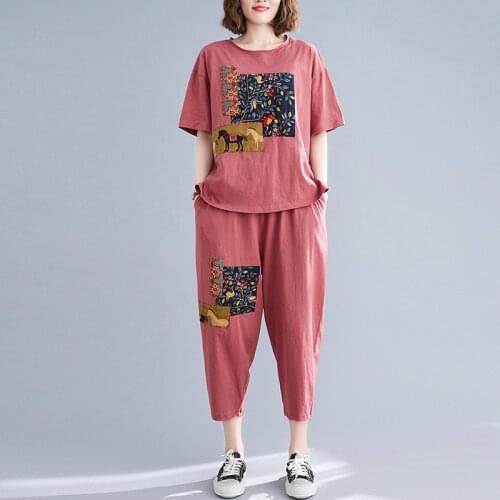 Johnature 2021 New Casual Vintage Print Women 2 Pieces Sets Summer O-neck Top Loose Ankle-length Pant Female Sets