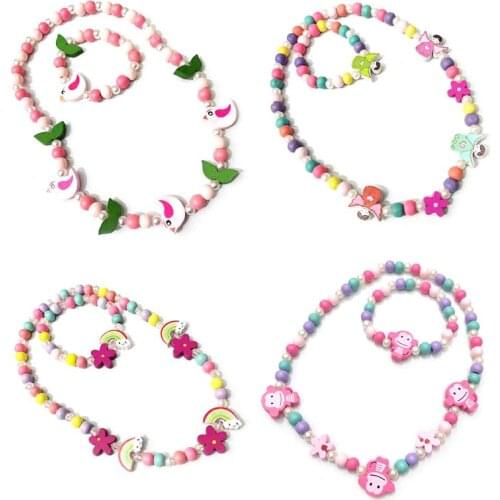 1 Set Kids Mix Color Wooden Beads Necklace Bracelet Girls Princess Jewelry Childrens Day Gifts