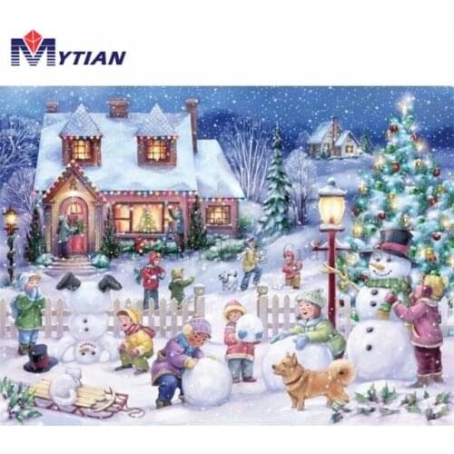 MYTIAN 5D Diamond Painting,Christmas Village,Children Playing in the Snow,Diamond Embroidery Art Kit,Home Decor Handmade Sticker