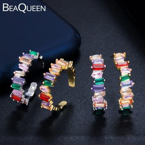BeaQueen New Irregular Baguette Cubic Zirconia Rainbow Crystal Chic Hoop Earrings Rings Multicolor Jewelry Sets for Women JS201
