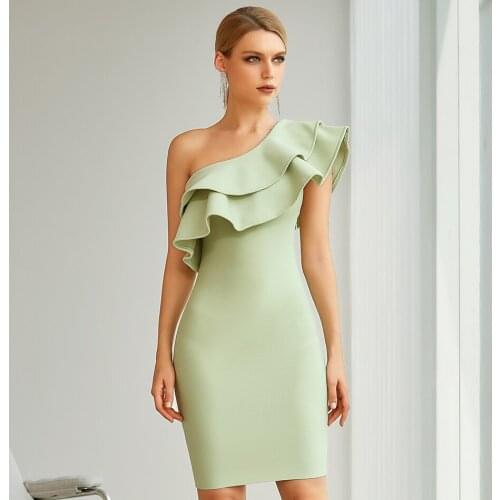 Free Shipping Wholesale 2021 Womens Mint Color One-Shoulder Ruffle Strapless Sexy Celebrity Cocktail Party Bandage Dress