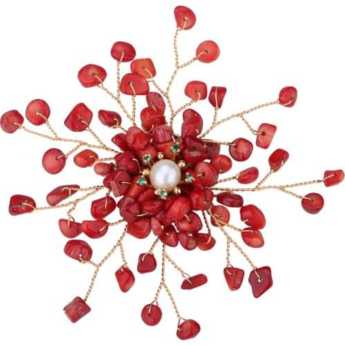 Yacq Women Red Coral Freshwater Pearl Cubic Zirconia CZ Pin Brooch Pendant 2 in 1 Handmade Jewelry Flexible Copper Wire Gift