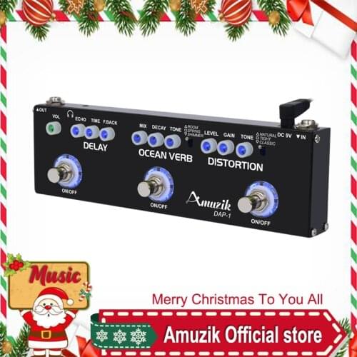 Amuzik Guitar Multi Effect Pedal 3 In1 Effects Delay Ocean Verb Distortion Full Black Metal Case