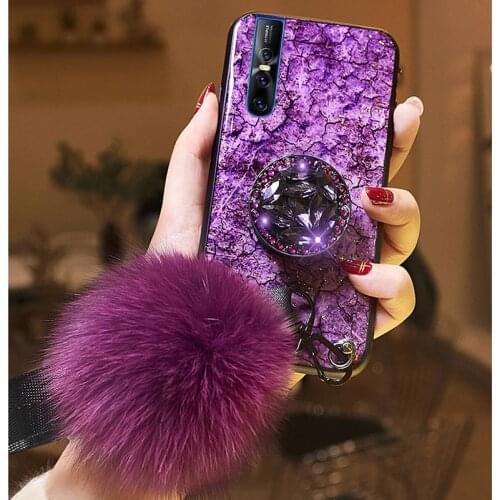 For Vivo V17 Pro S5 X7 Pro Y3 Y17 Y75A Y79A Y73 Y75S V15 VS1 IQOO X23 X21 Case Cover Glitter Plush Ball Hand Strap Holder Shell
