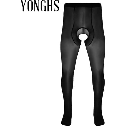 Mens Erotic Lingerie Ice Silk Pantyhose Closed Toes Crotchless Stretchy Hot Sexy Stockings Tights Hosiery Legging Pant Underwear