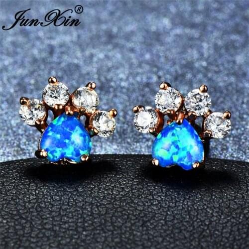 JUNXIN Pink/White/Blue Fire Opal Earrings For Women Bear Cat Dog Paw Stud Earrings For Women Silver Color Heart Earrings CZ