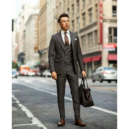Classic Plaid Prom Wedding Tuxedos Slim Fit Peaked Lapel Mens Designer Jacket Formal Party Suits Blazer Wear (Jacket+Vest+Pants)