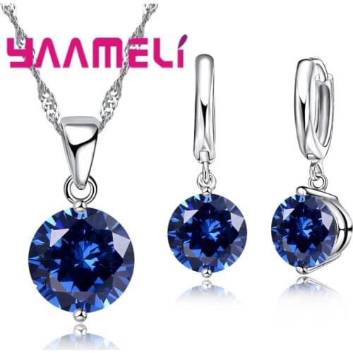 Women Trendy Necklace Earrings Set Fashion 925 Silver Crystal Wedding Engagement Jewelry Set Brides Wholesale 8 color