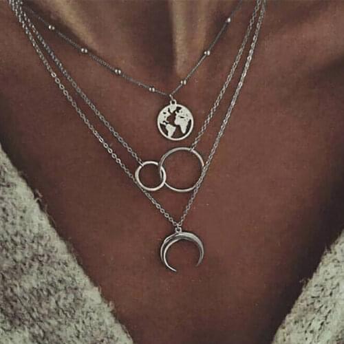 Moon Earth Multilayer Necklace Chain Women Pendant Necklace Jewelry Lady VintageTrendy Kpop Collier Pendant Necklaces