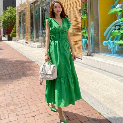 Fashion Summer French Casual Maxi Party Dress Ladies Elegant Coffee Break Robe Sexy Single Breasted Backless Ruffle Beach Dress