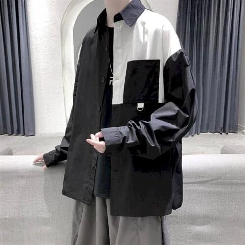 2021 New Spring Autumn Mens Shirts Black White Shirt Long Sleeve Loose Casual Stitching Design Sense Button Up Shirt Men Jacket